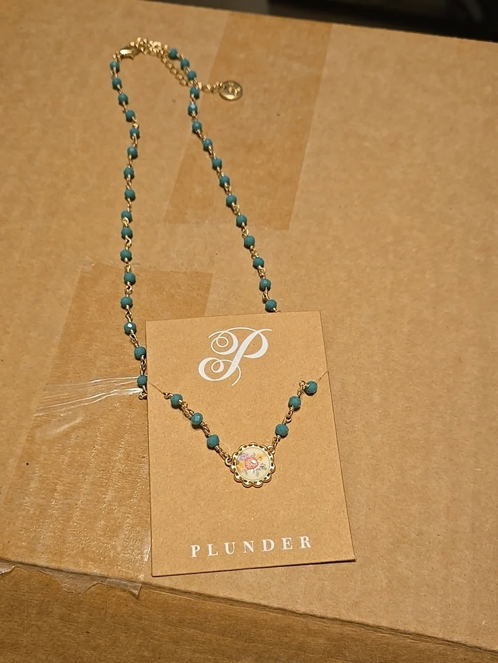 NWT vintage Inspired Plunder Gold-Tone Turquoise Beaded Floral Charm Necklace